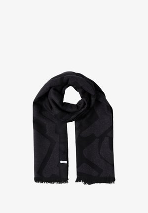 Sciarpa nera con motivo geometrico in tonalità scure, realizzata in tessuto morbido con una leggera lucentezza e bordi frangiati. Etichetta del brand sul lato.
