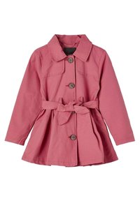 Manteau trench en coton rose avec taille ceinturée, devant à boutons et col pointu. Les manches longues et le design évasé créent une silhouette classique.