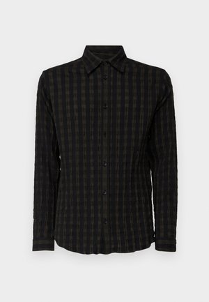 Black long-sleeve shirt with a textured plaid pattern in dark tones, featuring a button-up front, collar, and cuffs with matching stripes.