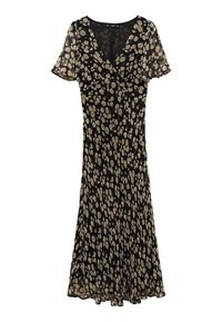 Vestido negro con estampado floral, mangas cortas con volantes, escote en V y una silueta suave y fluida. Presenta un patrón de margaritas en crema y amarillo.