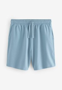 Pantalones cortos azul claro hechos de un tejido suave, con una cintura elástica con cordón, dos bolsillos laterales y un corte recto.