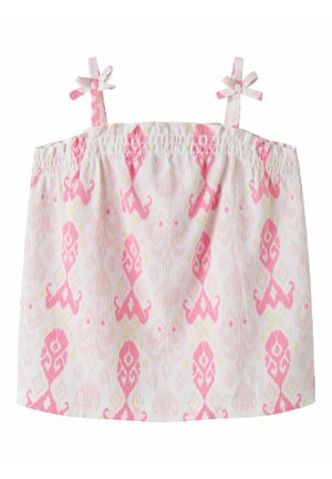 Hvid ærmeløs pigetop med pink geometriske diamantmønstre og bindebånd på skuldrene.