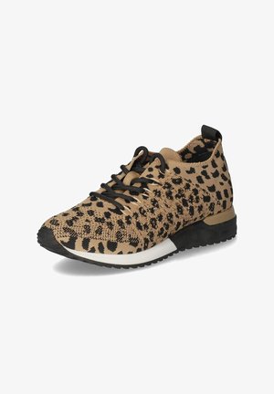 Leopard print sneaker in beige and black, featuring a textured knit upper, black laces, a padded collar, and a white and black rubber sole.