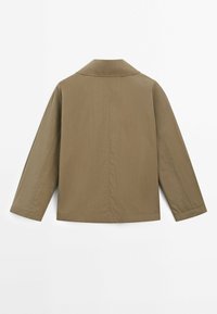 Olivgrüne Jacke mit geradem Schnitt, langen Ärmeln und klassischem Kragen. Glattes Material, einfaches Design, Rückansicht.