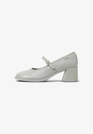 Light gray leather Mary Jane shoe with a rounded toe, adjustable strap buckle, and block heel, shown in side profile on white background.