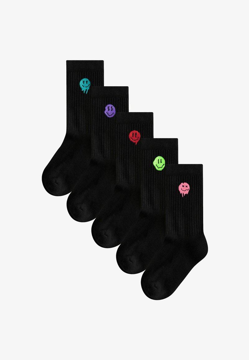 Calze in cotone nere con una texture a coste. Ognuna presenta un diverso emblema a forma di faccina sorridente colorata: verde, rosso, viola, azzurro e rosa.