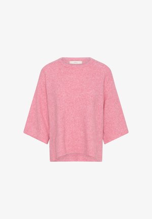 Pull doux rose pâle à manches courtes, en tissu duveteux, avec encolure ronde et coupe décontractée.