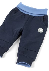 Pantalon pour tout-petit bleu marine avec une ceinture élastique et des poignets bleu clair, deux poches avant et un logo rond sur la cuisse droite.