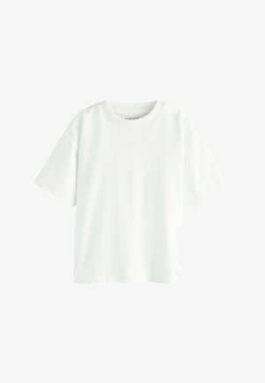 Plain hvid kortærmet t-shirt med rund hals og relaxed pasform på hvid baggrund.