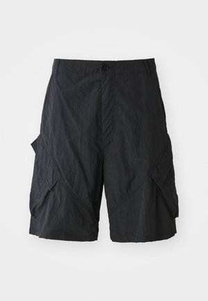 Black cargo shorts made of lightweight material, featuring a textured surface, button closure, and multiple side pockets.