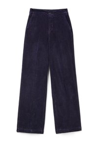 Mörkblå vida corduroybyxor med framfickor och knäppning på vit bakgrund.