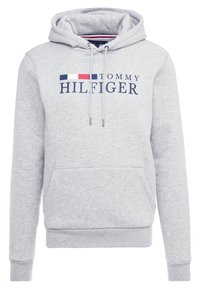 Sudadera gris con un bolsillo canguro frontal, capucha con cordón y un prominente logo de "TOMMY HILFIGER" en azul marino con acentos en rojo y blanco.