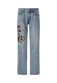 Light blue denim jeans featuring a vibrant embroidered design of a colorful fish and swirling waves on the left leg.