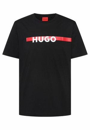 Black short-sleeve T-shirt with a red horizontal stripe and the word "HUGO" in white letters across the chest.