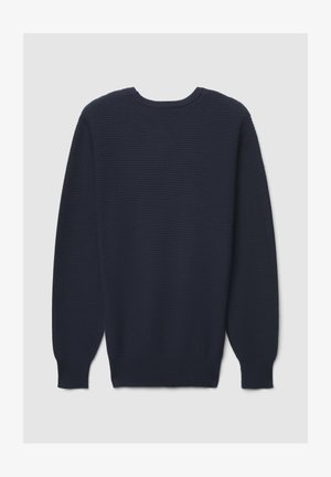 Maglione blu navy con trama a coste, scollo rotondo e maniche lunghe. Presenta un design semplice senza motivi aggiuntivi o elementi metallici.