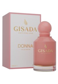 Botella de perfume de vidrio rosa con tapa redonda, etiquetada como "Gisada Donna", en una caja rosa a juego con texto y detalles dorados.