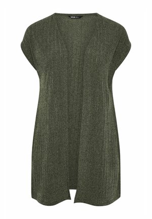 Green knitted cardigan with open front, short sleeves, and ribbed texture. Soft material with a subtle sheen.