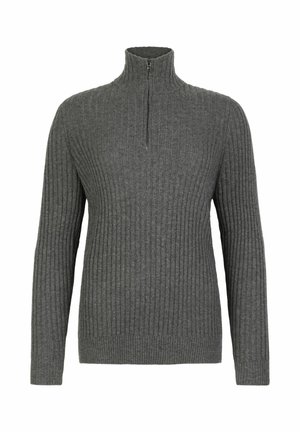 Grauer gerippter Pullover mit hohem Kragen und halber Reißverschlussöffnung. Verfügt über lange Ärmel und ein strukturiertes Strickmuster.