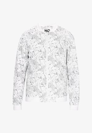 Valge kapuutsiga jakki, millel on hall lehe muster, soonikkäised ja krae. Kerge materjal, millel on sile tekstuur.