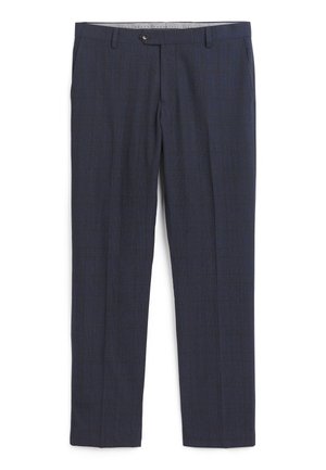 Pantalons à carreaux bleu marine en tissu texturé. Dotés d'une fermeture à bouton et de passants de ceinture, avec une coupe droite et des plis marqués.