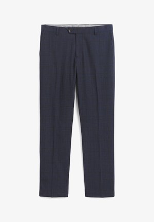 Mørkeblå ternede bukser lavet af tekstureret stof. Har en knaplukning og bæltesløjfer, med et lige ben-design og pressede folder.