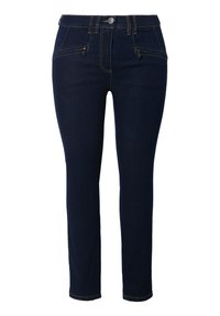 Vaqueros ajustados de mezclilla oscura con una cintura alta. Presenta dos bolsillos frontales y costuras detalladas. Textura suave con una silueta ajustada.