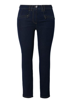 Jeans aderenti in denim scuro con vita alta. Presentano due tasche frontali e cuciture dettagliate. Texture liscia con silhouette aderente.