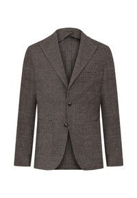 Brun ternet blazer lavet af tekstureret stof. Har en klippet krave, to frontknapper og lange ærmer med skræddersyet pasform.