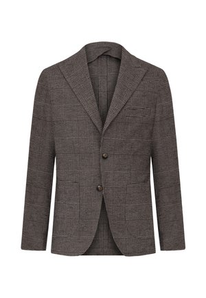 Blazer a quadri marrone realizzato in tessuto testurizzato. Presenta un colletto a risvolto, due bottoni frontali e maniche lunghe con vestibilità sartoriale.