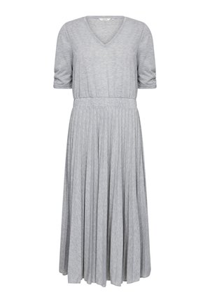 Graues, kurzärmliges Kleid mit V-Ausschnitt, gerafftem Bund und plissiertem Rock. Weicher Stoff mit subtiler melierter Textur.
