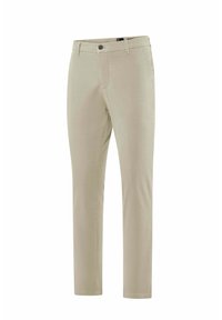 Lichtbeige broek van een katoenmix met een recht gesneden ontwerp, voorzien van voorzakken en een knoopsluiting. Gladde textuur.