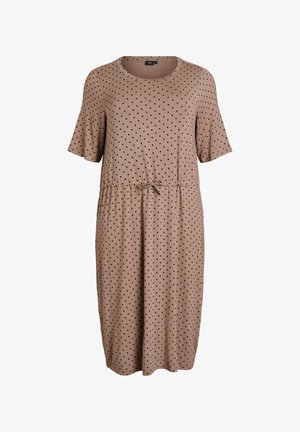 Braun, kurzes Kleid mit kurzen Ärmeln und schwarzen Punkten, runder Ausschnitt, elastischer Taillenbund mit Bindeband und knielangem Saum. Weicher, dehnbarer Stoff.