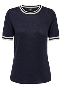 Navy modrý tričko s krátkým rukávem, kulatým výstřihem a bílými a černými pruhy. Hladký materiál. Jednoduchý a přiléhavý střih.