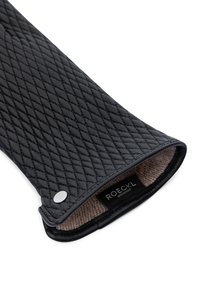 Schwarze gesteppte Thermohandschuhe mit strukturierter Oberfläche, ausgestattet mit einem silbernen Akzentknopf und einem weichen Innenfutter für zusätzlichen Komfort.