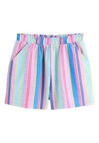 Rövid, rugalmas derékpántos rövidnadrág, amely függőleges pasztellszínű csíkokkal díszített rózsaszín, kék, sárga és lila árnyalatokban, látható első zsebekkel.