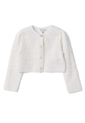 Weißer gestrickter, kurz geschnittener Cardigan mit langen Ärmeln, strukturiertem Muster und fünf Knöpfen vorne, einschließlich eines dekorativen silbernen Knopfs oben.