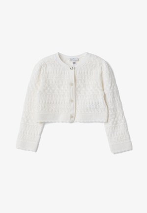 Weißer gestrickter, kurz geschnittener Cardigan mit langen Ärmeln, strukturiertem Muster und fünf Knöpfen vorne, einschließlich eines dekorativen silbernen Knopfs oben.