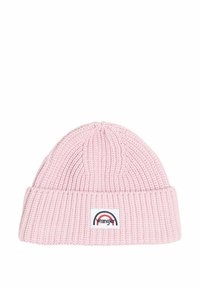 Berretto lavorato a maglia rosa con texture a coste, dotato di un risvolto pieghevole e di una toppa ricamata rettangolare che mostra un arcobaleno e il nome del marchio.