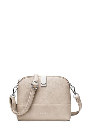 Beige Leder Umhängetasche mit strukturierter Oberfläche, Reißverschluss, verstellbarem Tragegurt und silberfarbenen Beschlägen. Mit eingeprägtem Markennamen.