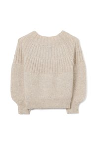 Beige Strickpullover mit einem strukturierten, gerippten Design an den Schultern und Bündchen. Verfügt über einen runden Halsausschnitt und ein weiches, warmes Material.