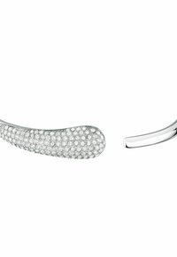 Occhiali da sole argentati con un braccio decorato da cristalli luccicanti, design elegante e superficie liscia, che si assottiglia alle estremità per un aspetto moderno.