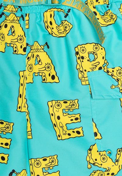 Swim shorts with a bright turquoise background, featuring a repeated yellow sponge character pattern, with black outlines and accents.