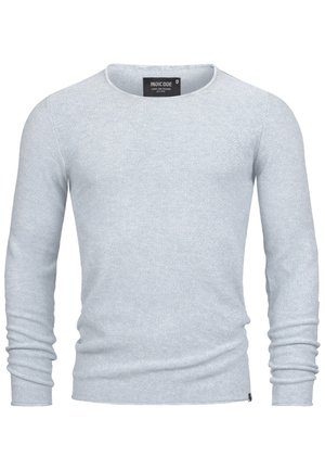 Lysegrå langærmet strikket sweater med rund halsudskæring og ribkanter på ærmerne, vist på hvid baggrund.
