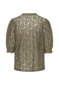 Olivegrøn bluse i blonde med puffede ærmer, bølget halsudskæring, blomstermønster og gennemsigtig tekstur. Bagvisningen fremhæver det intrikate detaljer.