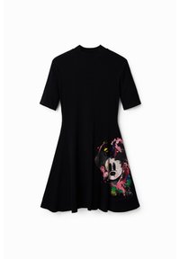 Schwarzes Strickkleid mit kurzen Ärmeln, ausgestelltem Rock, das auf der unteren Seite ein farbenfrohes Grafikdesign einer Cartoon-Maus zeigt.