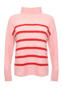 Maglione lavorato a maglia rosa con un collo alto, caratterizzato da strisce rosse orizzontali. Texture morbida con polsini e orlo a costine.