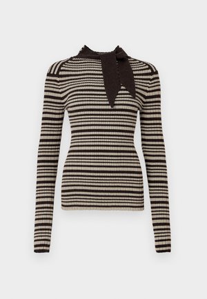 Raibu svītrains tops bēšā un tumši brūnā krāsā, ar kakla joslu. Garas piedurknes un pieguļošs dizains, ar maiņticām krāsu joslām.