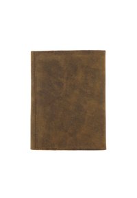 Bruine leren portemonnee met een gestructureerd oppervlak, eenvoudig ontwerp en zichtbare stiksels langs de randen. Compacte en rechtlijnige vorm.