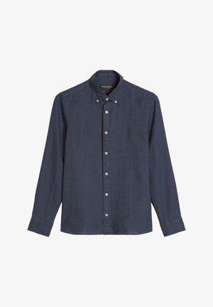 Donkerblauw overhemd met lange mouwen, knoopsluiting en een button-down kraag, met witte knopen, weergegeven op een witte achtergrond.