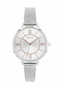 Silbernes Edelstahl-Uhr mit strukturiertem Mesh-Armband, rundem weißen Zifferblatt, roségoldenen Akzenten und römischen Ziffern als Stundenmarkierungen.